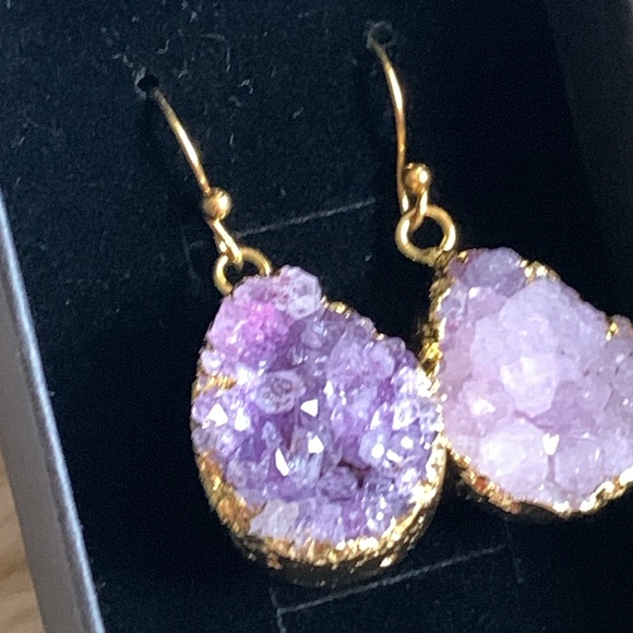 Purple Geode Druzy amethyst crystal gold plated earrings - Picture 4 of 12